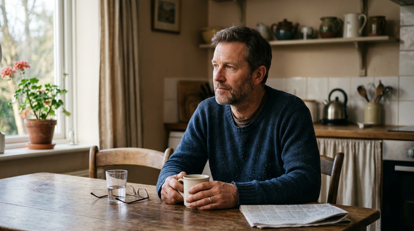 Man in his 40s sitting at kitchen table with coffee, stuck in his head — how to stop overthinking