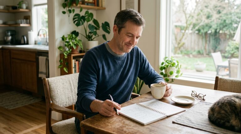 Man in his 40s sitting quietly in a bright morning kitchen with coffee and a notepad — building a simple weekly money habit