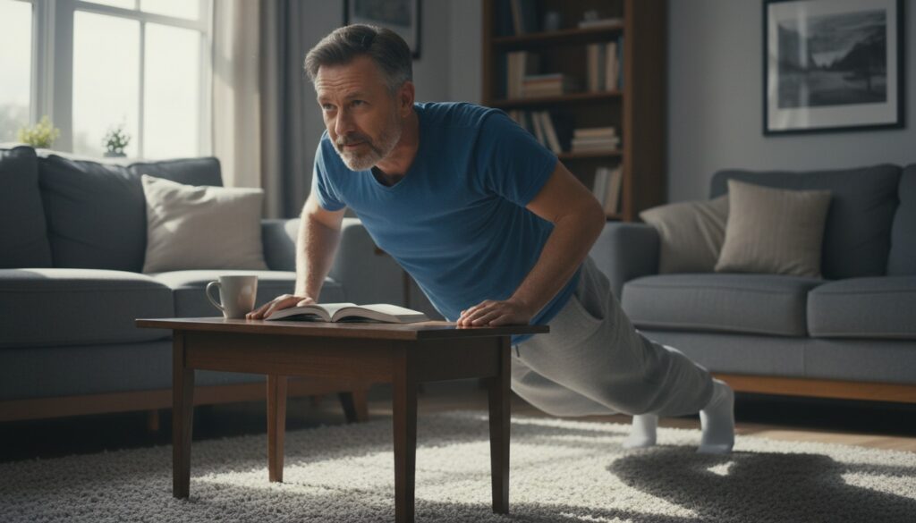 Man over 40 doing bodyweight push-ups at home as part of a simple daily fitness habit