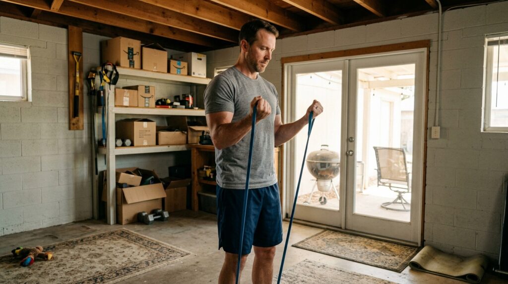 Man in his 40s doing resistance band exercises at home to combat muscle loss and fitness plateau