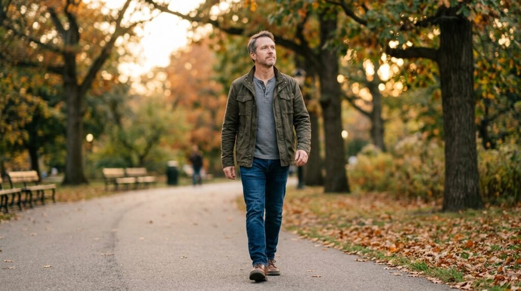 Determined man in his 40s walking outdoors on a path, representing progress and breaking through a fitness plateau