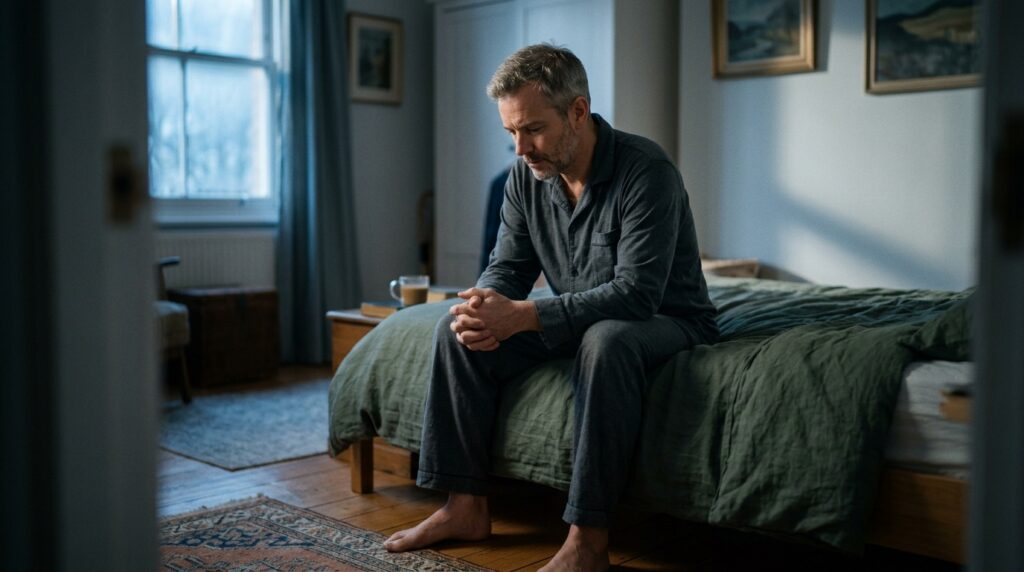 Thoughtful man in his 40s sitting alone in quiet reflection — mentally strong and moving forward despite doubt and uncertainty