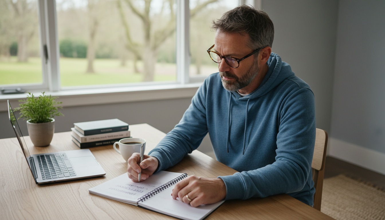 Man reviewing his minimum effective day routine at a simple desk in a calm home workspace