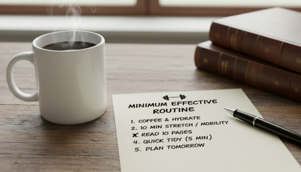 Simple handwritten daily checklist beside a coffee mug representing a minimum effective routine for men