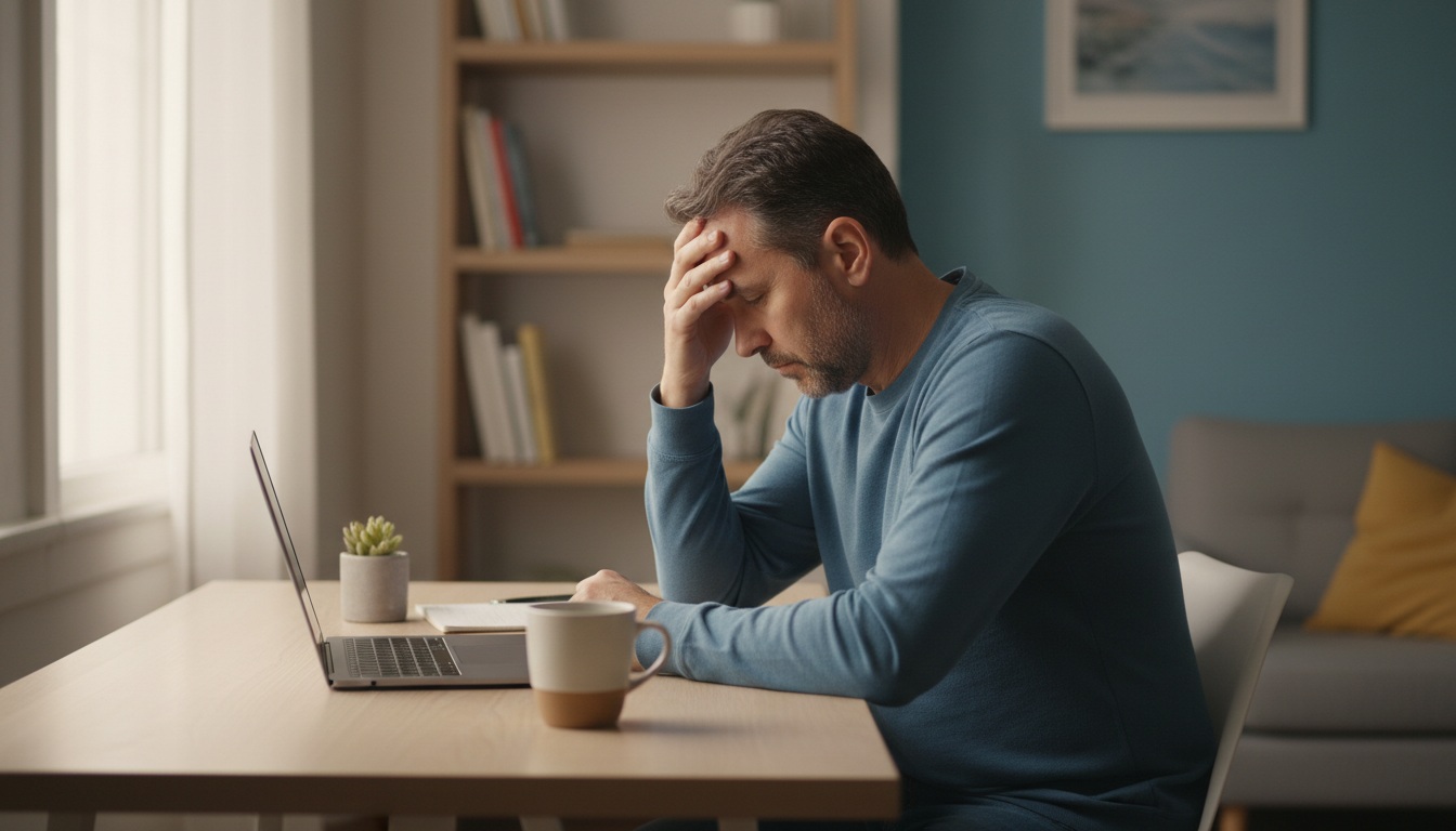 Man sitting at desk pausing mid-thought - learning how to stop negative self-talk