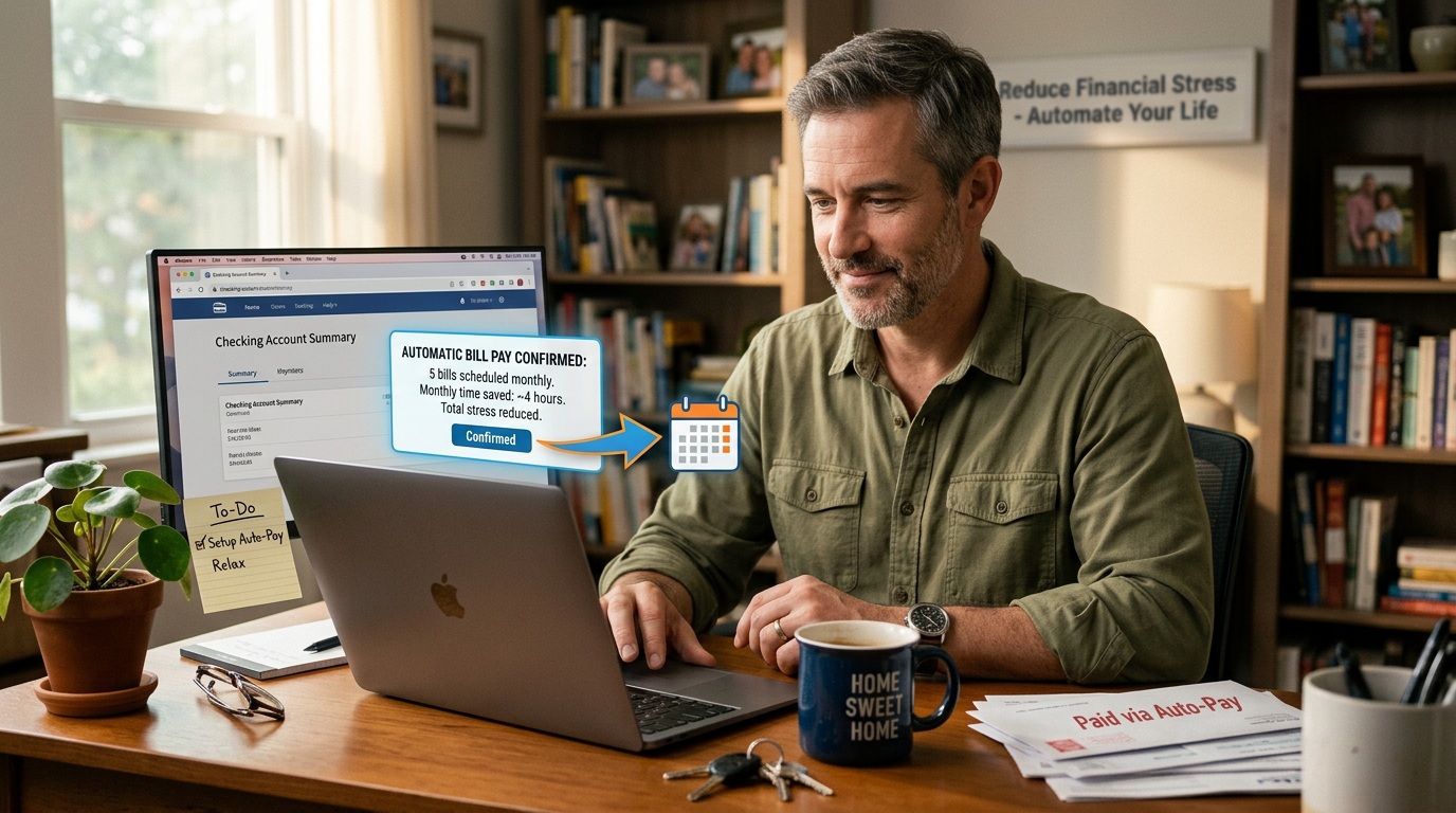 Man in his 40s setting up automatic bill pay on his laptop to reduce financial stress