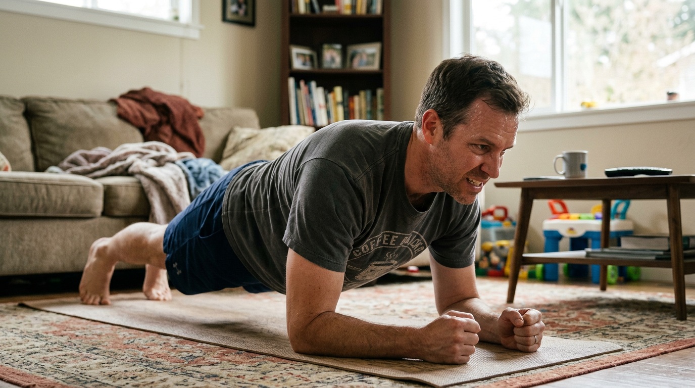 Man in his 40s choosing one small voluntary challenge — like a cold shower or morning walk — to build daily discipline