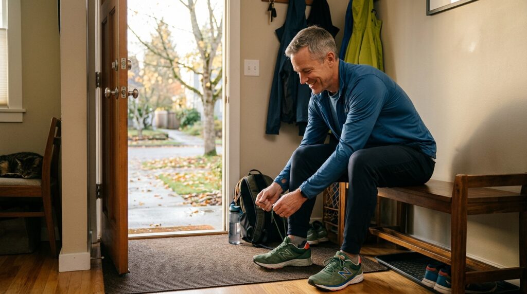 Man in his 40s doing a focused workout rep at home — building mental toughness with the one hard thing method
