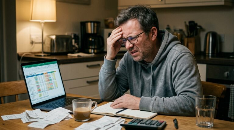 Man in his 40s looking frustrated at a budgeting spreadsheet on his laptop — illustrating why traditional budgeting feels overwhelming