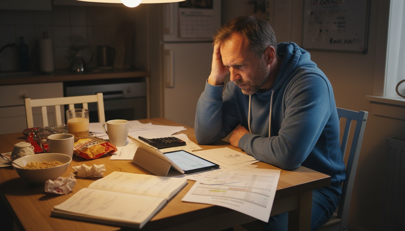 Man in his 40s reviewing bank statement at kitchen table, concerned about living paycheck to paycheck