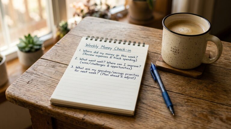 Handwritten notepad showing three simple budget check-in questions beside a coffee mug — an easy beginner budgeting method