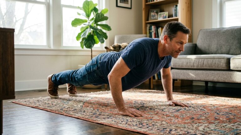 Man in his 40s doing pushups on a living room floor — small steps to build mental resilience and stop overthinking