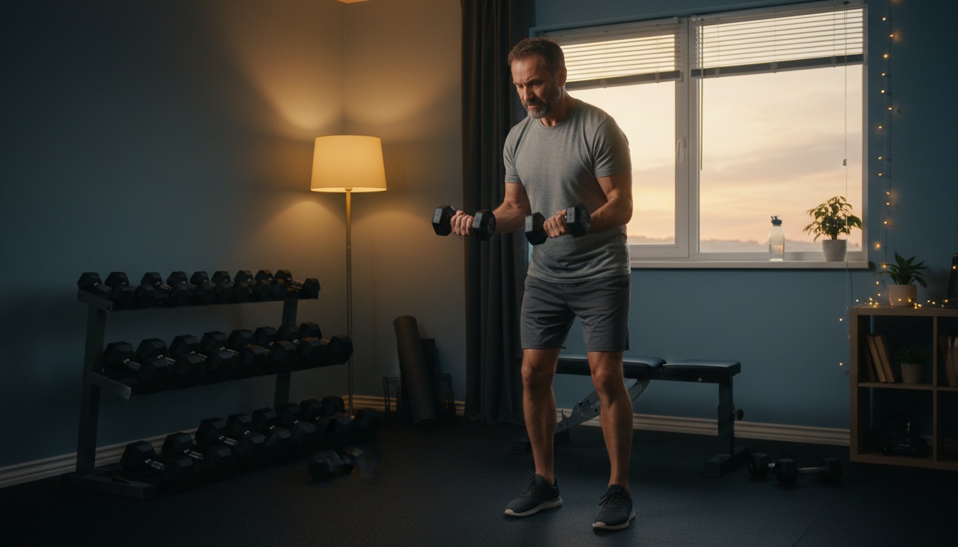 Man over 40 doing strength training at home with dumbbells.