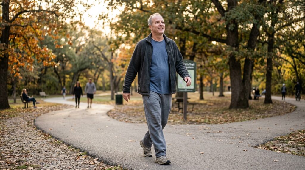 Man over 40 walking outdoors in nature as a simple, effective stress relief strategy