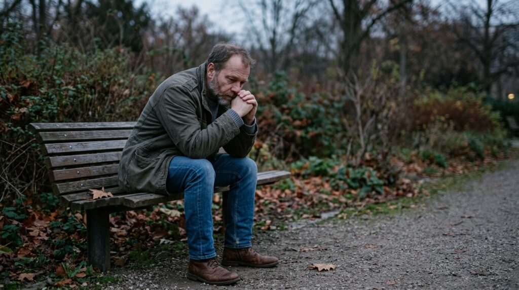 Man over 40 sitting alone outside on steps, looking tired and overwhelmed — signs of chronic stress