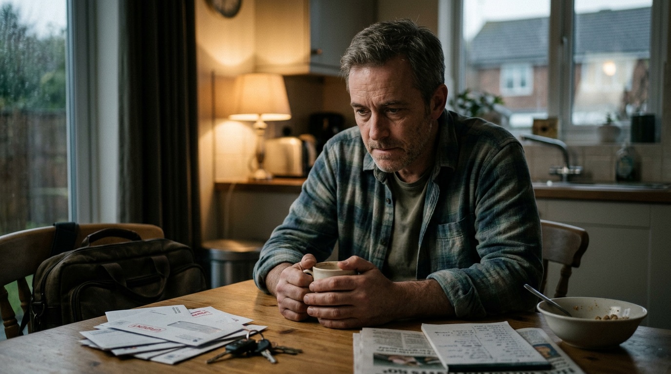 Man in his 40s sitting at a kitchen table with coffee, reflecting quietly — stress vs pressure