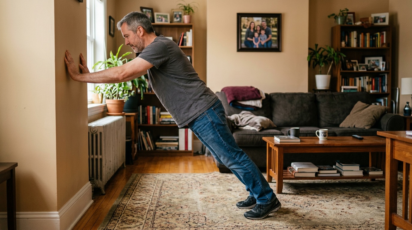 man in his 40s doing a beginner workout at home in a living room