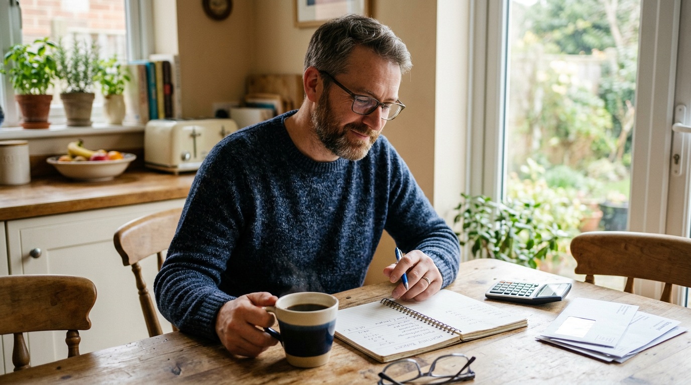 Man in his 40s doing a simple weekly budget check-in with a notepad and coffee — no spreadsheet needed