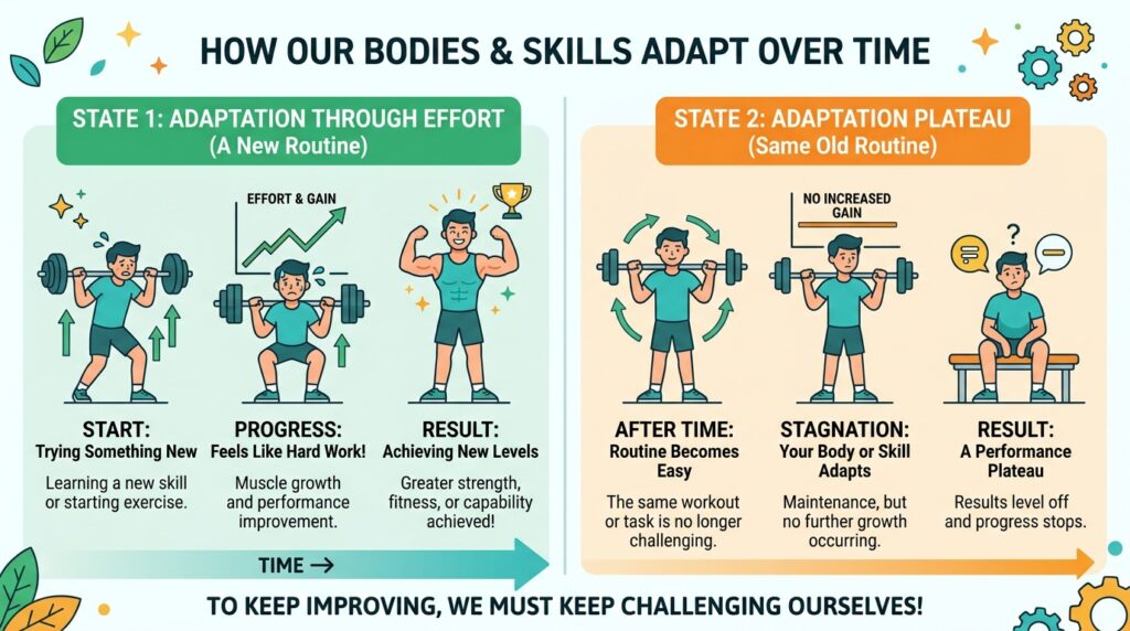 Simple explainer graphic showing how the body adapts and causes a fitness plateau over time