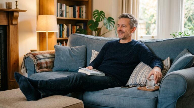 man in his 40s resting on a couch with a glass of water after exercise